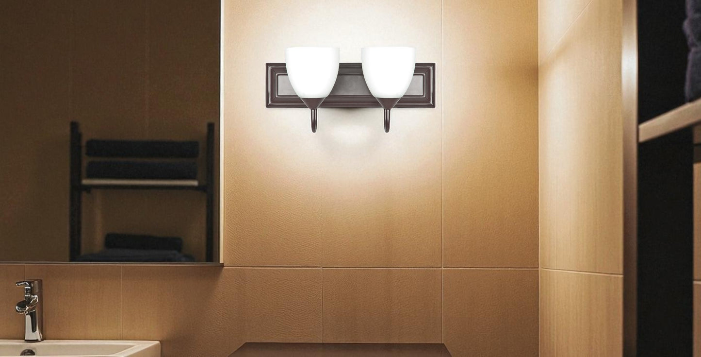 Sunset Lighting 2-Light Vanity with Round Milk Glass, Oiled Bronze Finish F3622-44