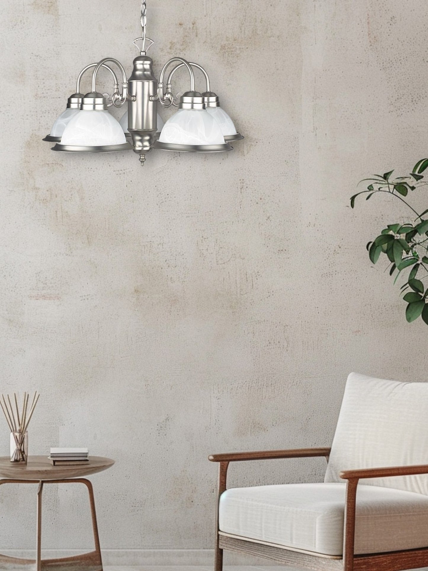 Sunset Lighting 5-Light Down Chandelier, Faux Alabaster Glass Dimmable Satin Nickel Finish F6315-53