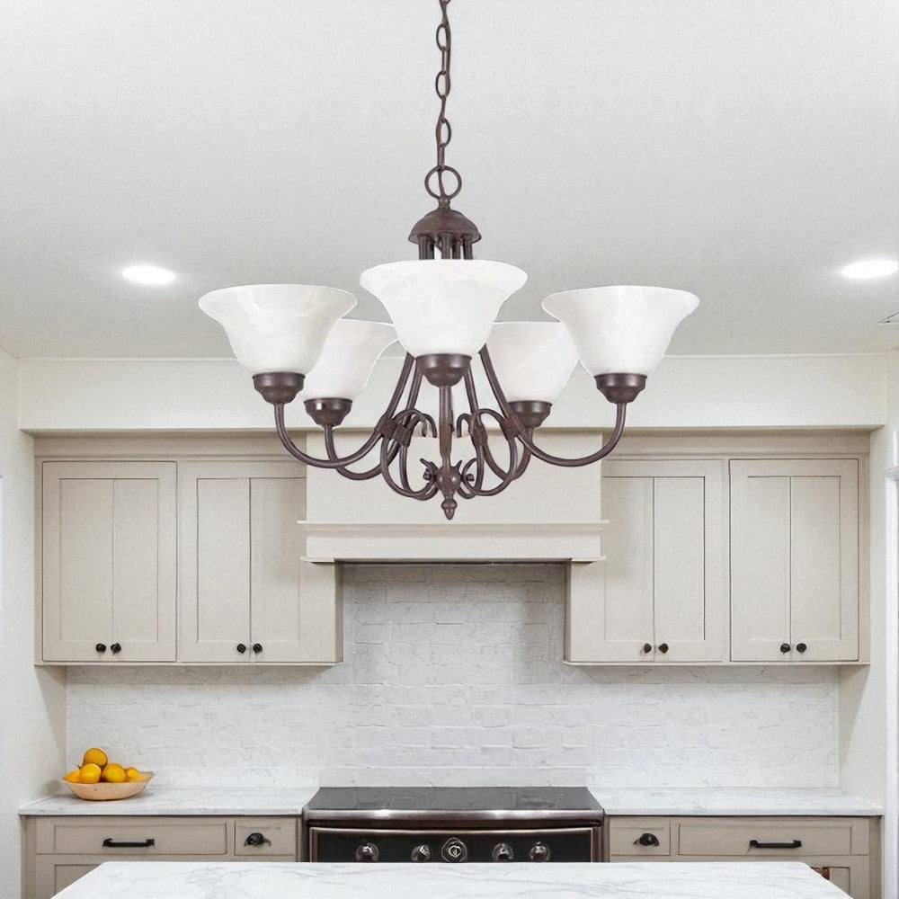 Sunset Lighting Madrid 5-Light Chandelier, 100W Faux Alabaster Glass Dimmable with Rubbed Bronze Finish F6345-62