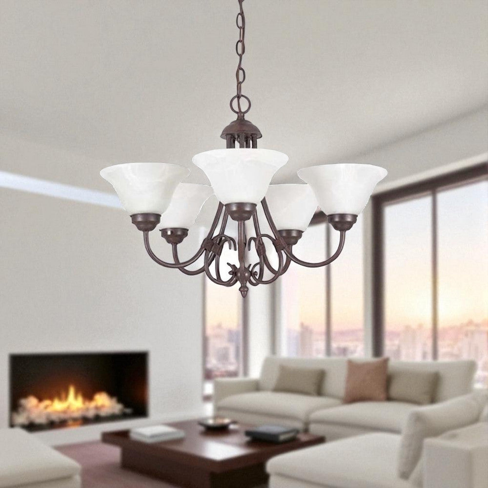 Sunset Lighting Madrid 5-Light Chandelier, 100W Faux Alabaster Glass Dimmable with Rubbed Bronze Finish F6345-62