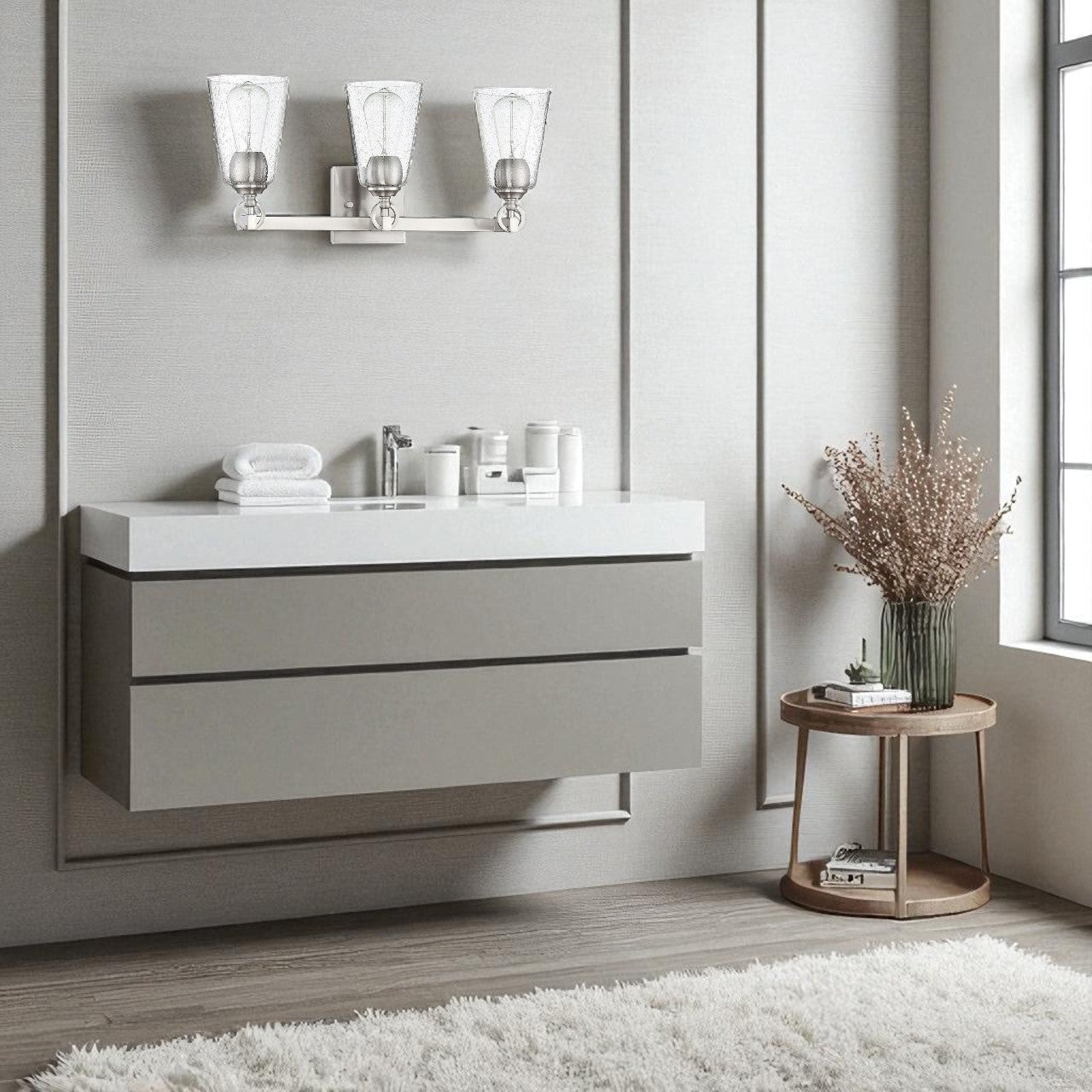 Sunset Lighting Arden 3-Light Vanity Clear Seedy Steel Round Glass 100W w/ Bright Satin Nickel Finish F7223-80