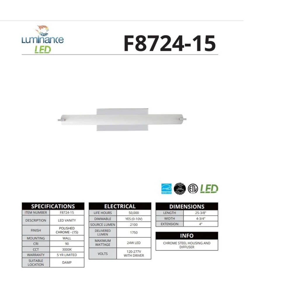 Sunset Lighting LED 25-3/8" Vanity, Dimmable w/ Polished Chrome Finish F8724-15