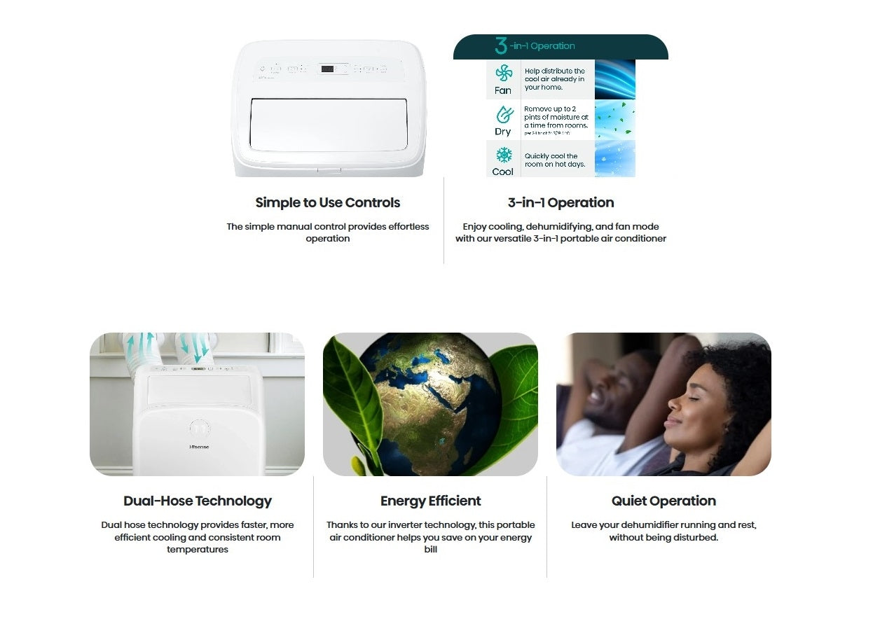 Hisense 8,000 BTU 350 Sq Ft Dual Hose Portable Air Conditioner with Inverter & Wi-Fi, 3-in-1 Cool, Dehumidify, and Fan Functions, 42 dB(A), Remote Control, Window Kit - HAP0825TWD