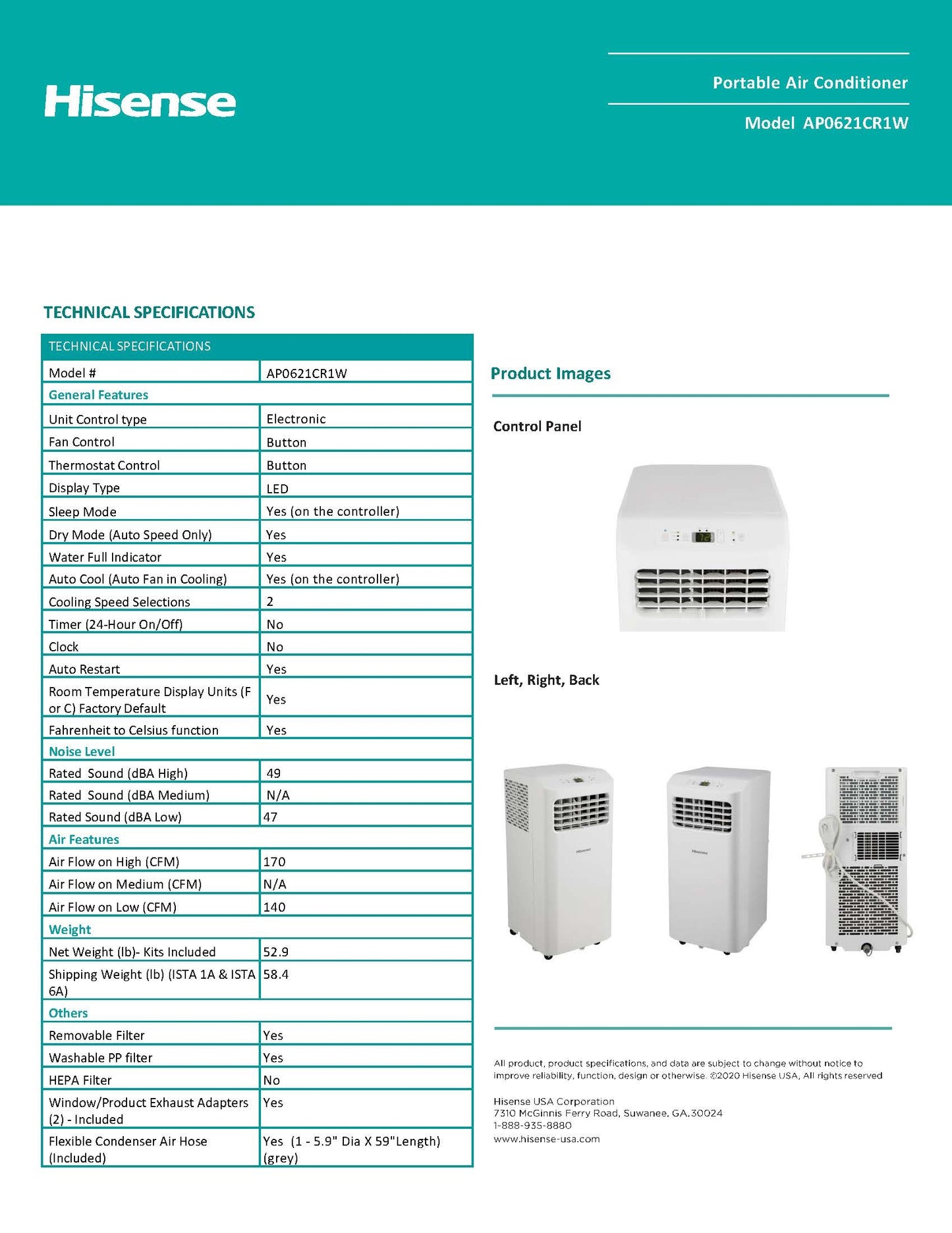 Hisense Portable Air Conditioner 250-Sq.ft 6000 BTU 115-Volt White AP0621CR1W
