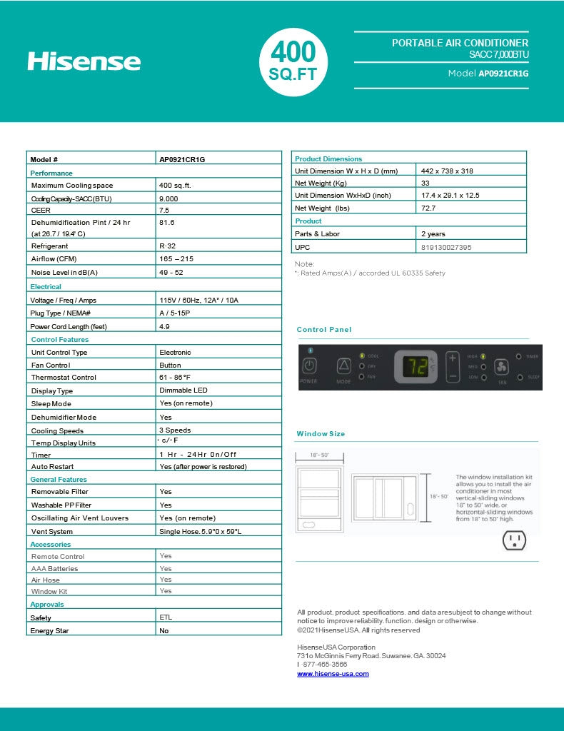 Hisense 9000-BTU 400 sq.ft. Ultra-Slim 115v Portable Air Conditioner with Remote