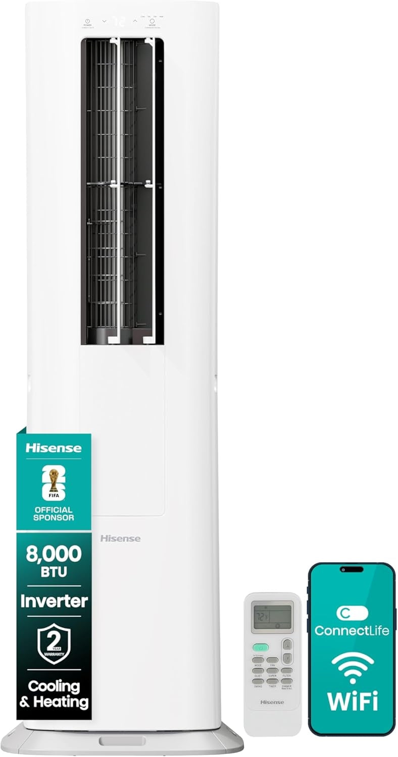 Hisense 8,000 BTU SACC Inverter Portable AC Smart with Heat Pump- Dual Hose Tower API0825UW1D