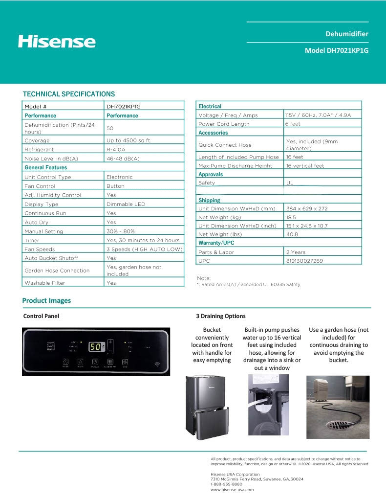 Restored Hisense 50-Pint 3-Speed Built-in Pump Dehumidifier DH7021KP1G, Covers an area up to 4,500 sq ft 115v