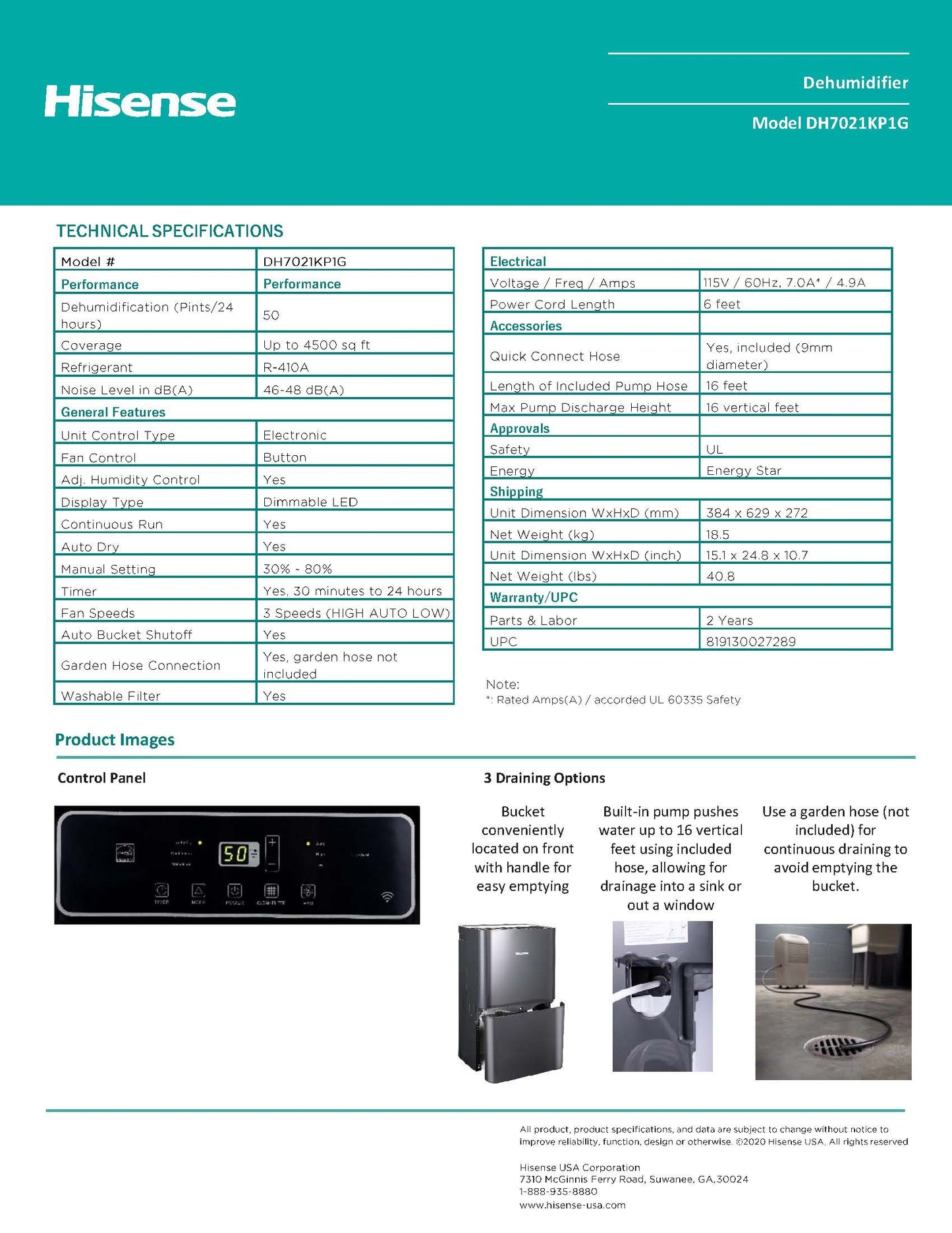 Hisense 50-Pint 3-Speed Built-in Pump Dehumidifier DH7021KP1G