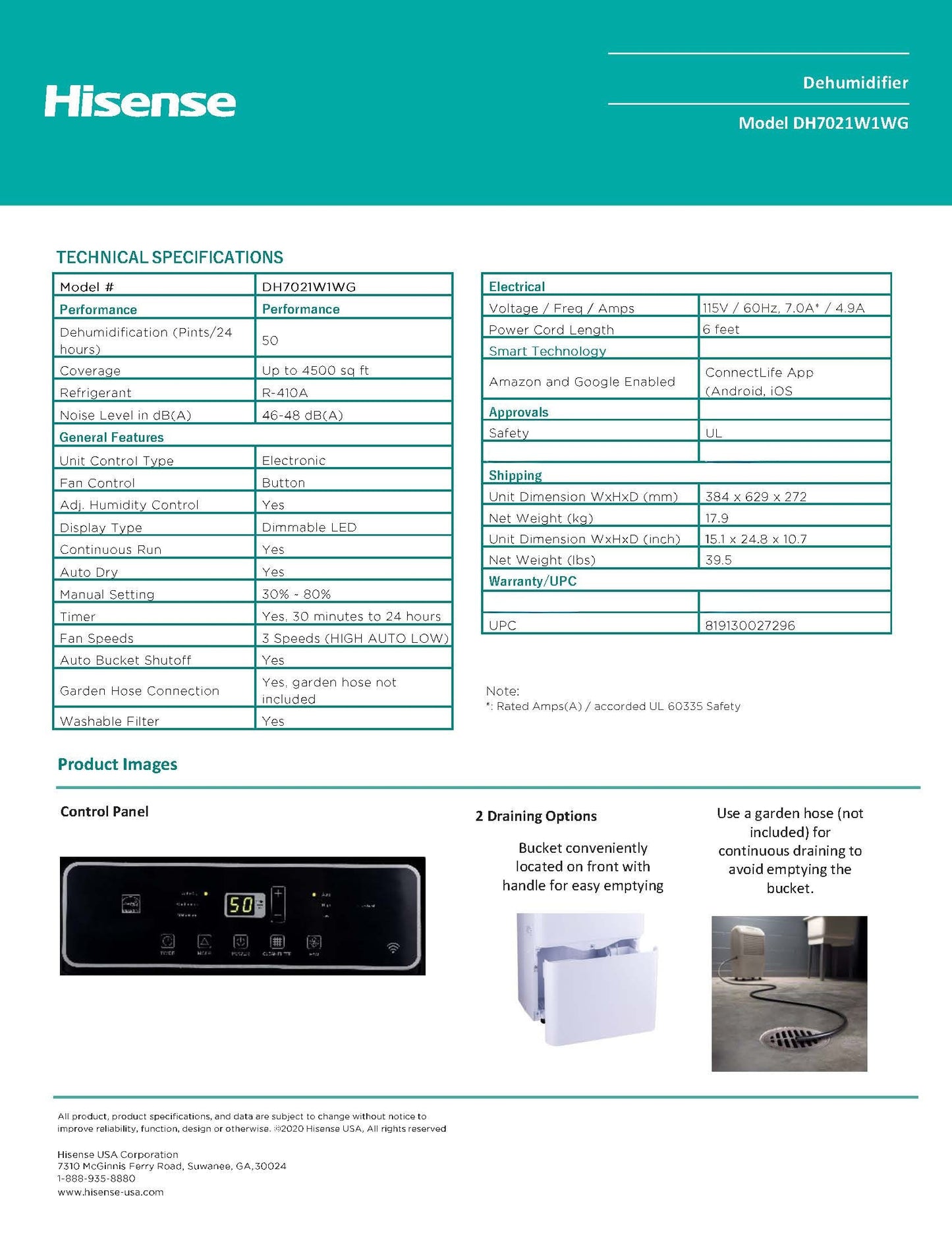 Hisense ConnectLife Smart Control 50-Pint 3-Speeds Dehumidifier - Up to 4500 sq.ft, Noise 46 dB - DH7021W1WG
