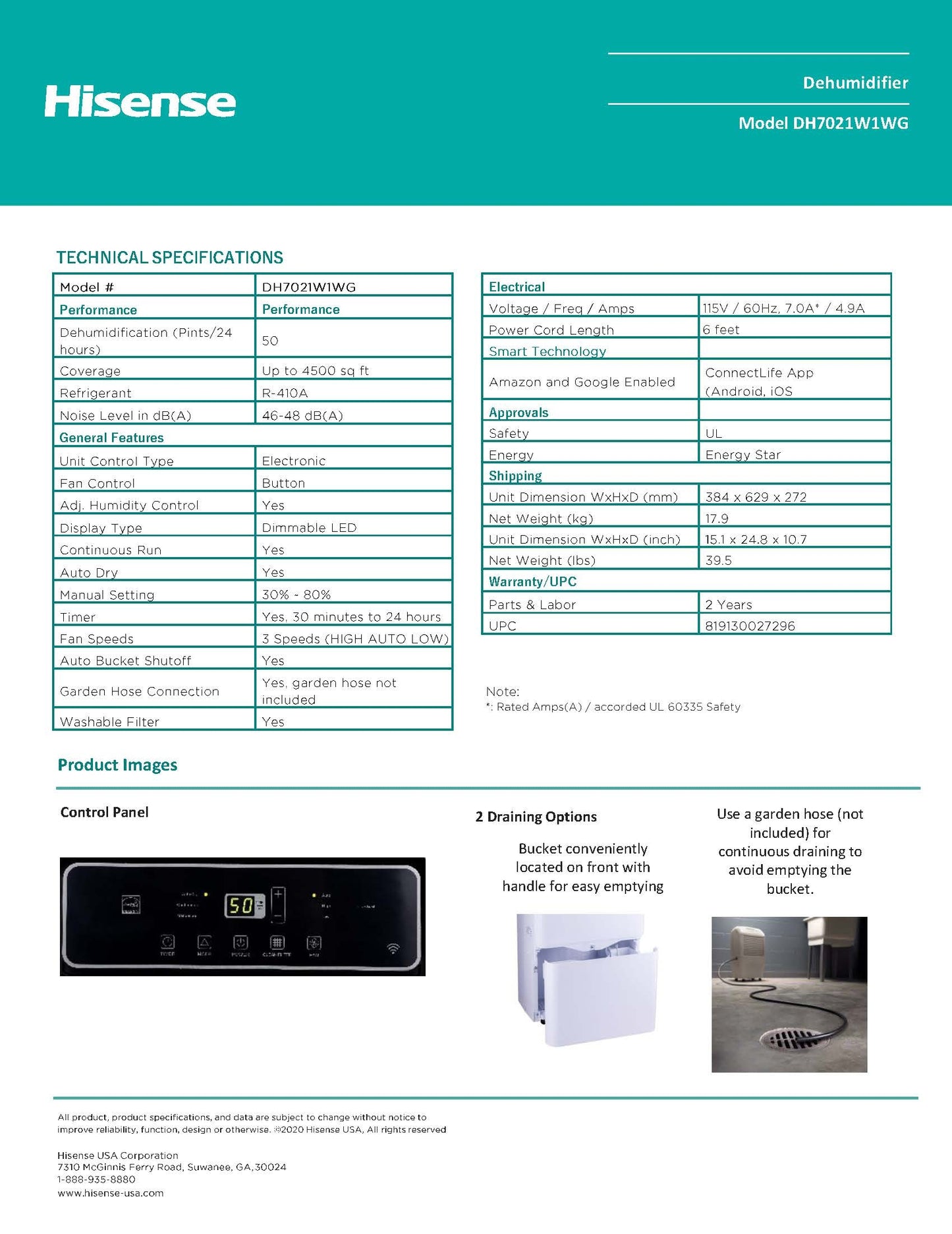 Hisense 50-Pint 3-Speeds Dehumidifier Smart Control 115v WiFi DH7021W1WG