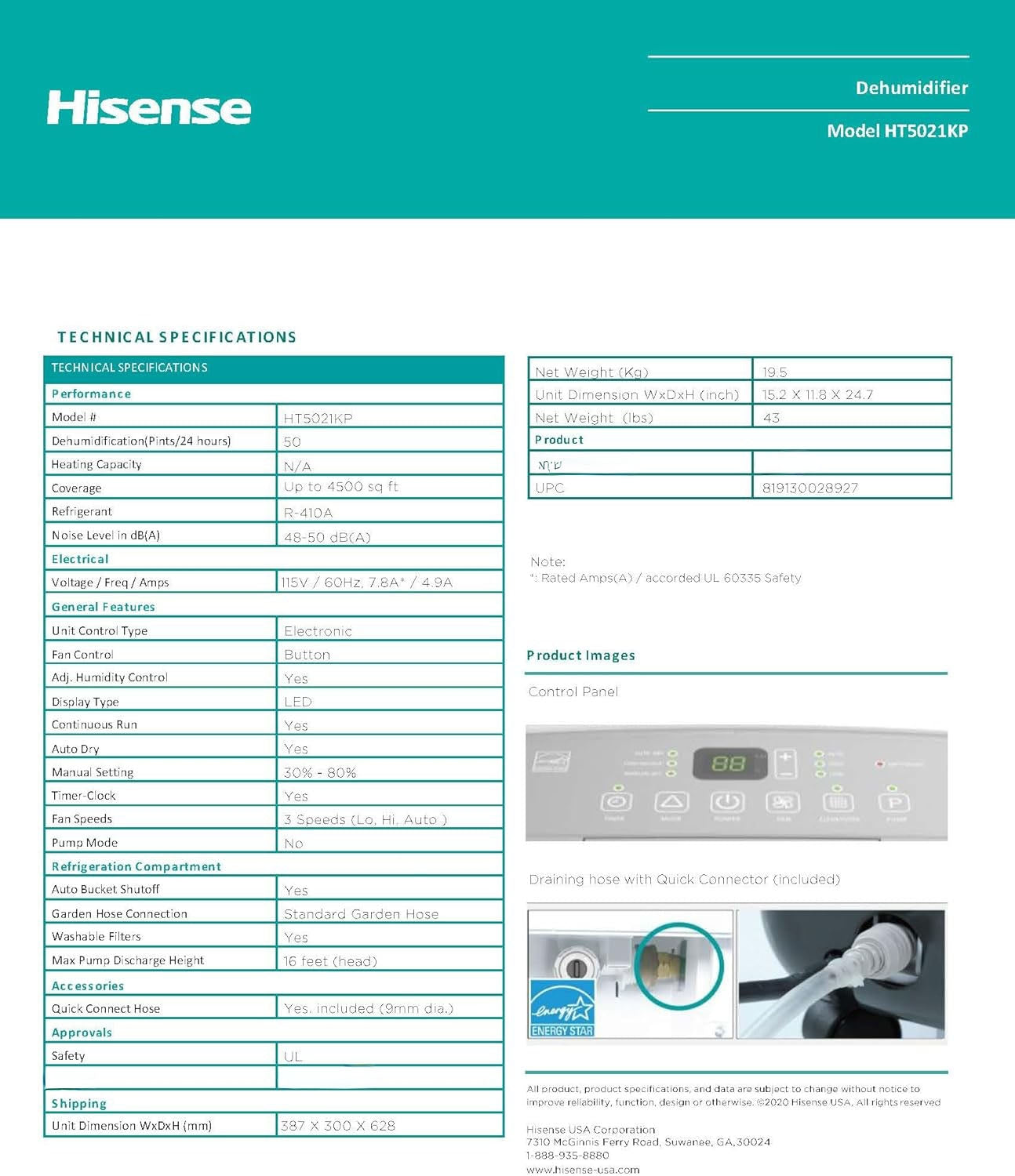 Hisense 50-Pint 3-Speed (HIGH AUTO LOW) Dehumidifier with Built-In Pump, 46-48 dB(A) Noise Level, 24-hour On/Off Timer HT5021KP