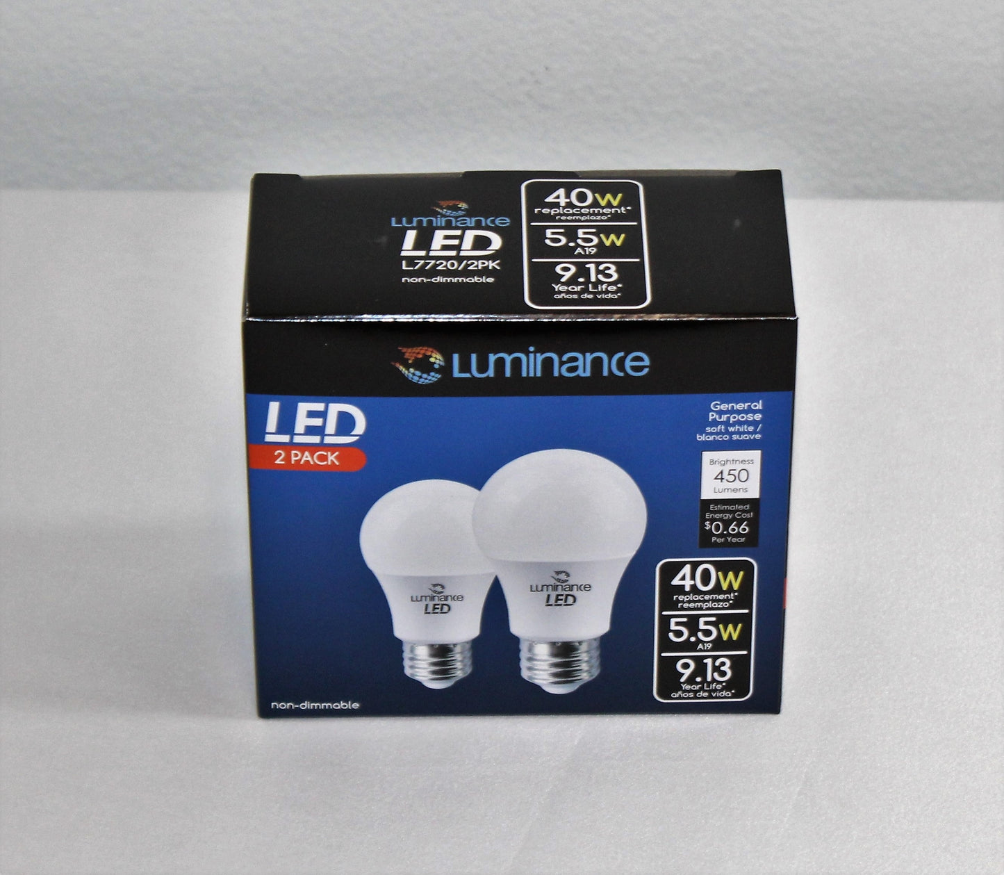 LUMINANCE LED E26 A19 5.5W 2700K 450LM-2PK-NON DIMMABLE L7720/2PK