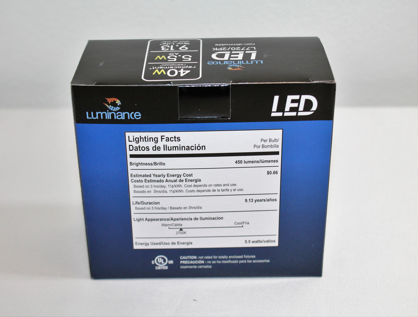 LUMINANCE LED E26 A19 5.5W 2700K 450LM-2PK-NON DIMMABLE L7720/2PK