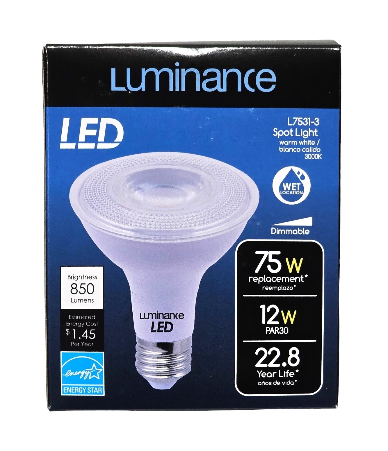Luminance 91824 LED E26 PAR30 Spot Light 12W-3000K 850 LUMEN L7531-3 PAR30LN Long Neck Spot LED Light Bulb