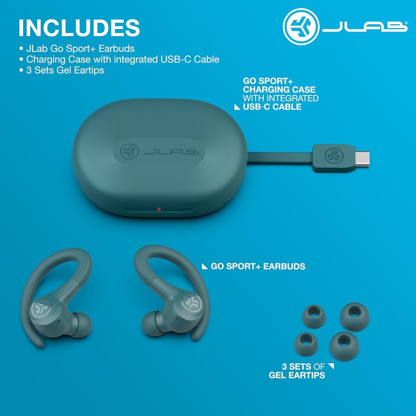 JLab Go Sport+ Wireless Workout Earbuds Featuring C3 Clear Calling, Secure Earhook Sport Design, 35+ Hour Bluetooth Playtime, and 3 EQ Sound Settings (Teal) EBGAIRSPRTRTEL124
