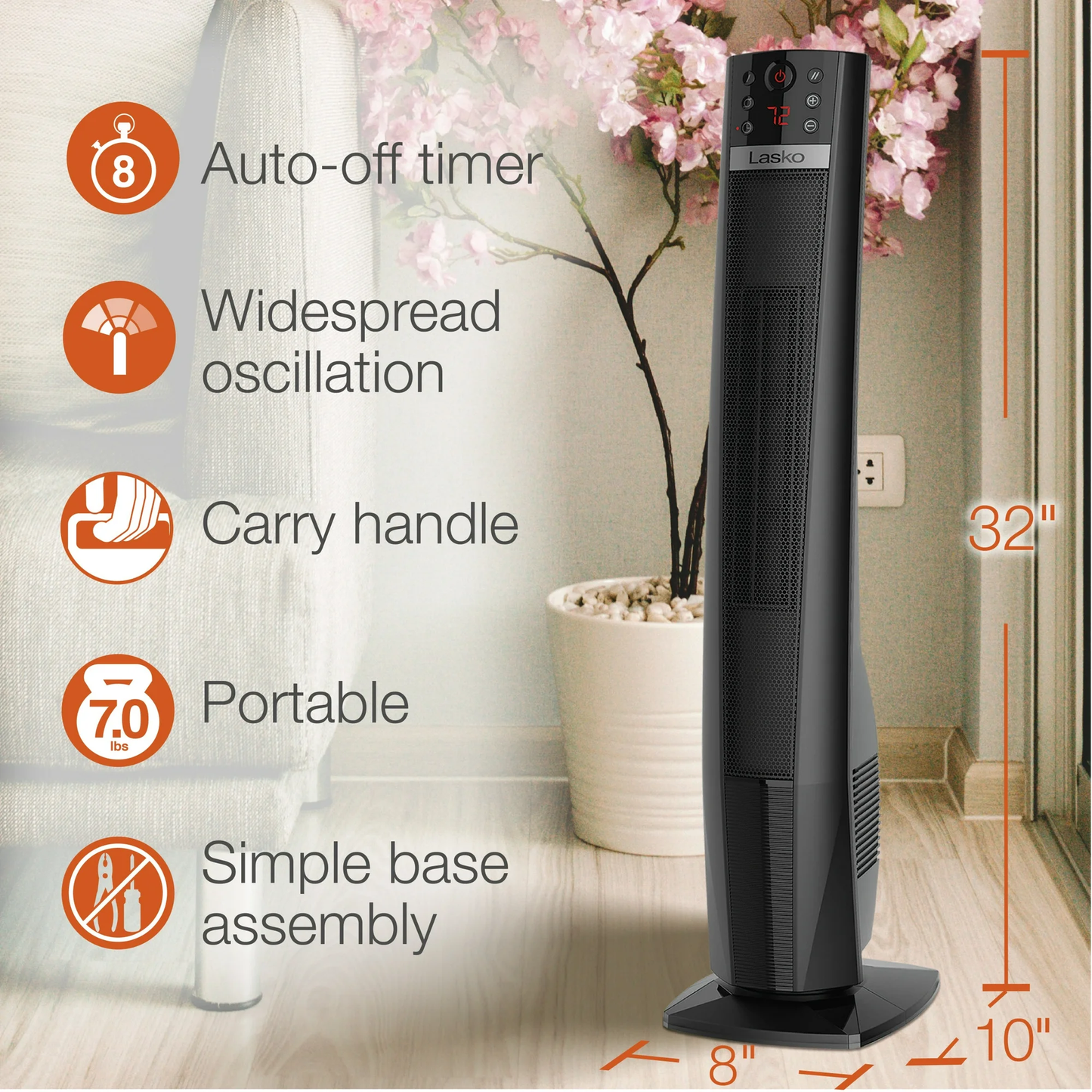 Lasko 32" Ceramic Tower Space Heater CT32791 1500W Remote Control Black 8-hour auto-off timer - CT32791