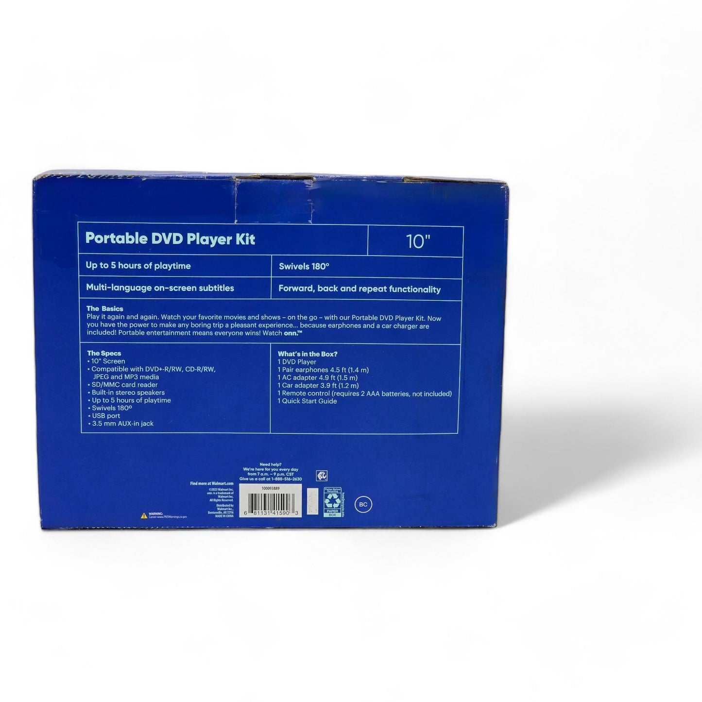 Onn Portable 10" DVD Media Player 180 degree swivel with 5-hr battery 180 degree swivel - 100093889 with Remote control - Excellent Refurbished