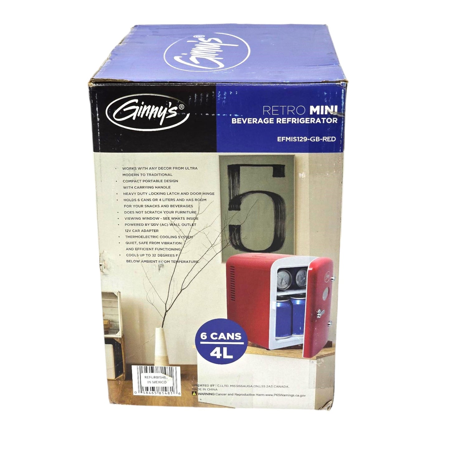 Ginny's Portable Retro Holds 6 cans or 4 liters Mini Fridge EFMIS129-GB-RED
