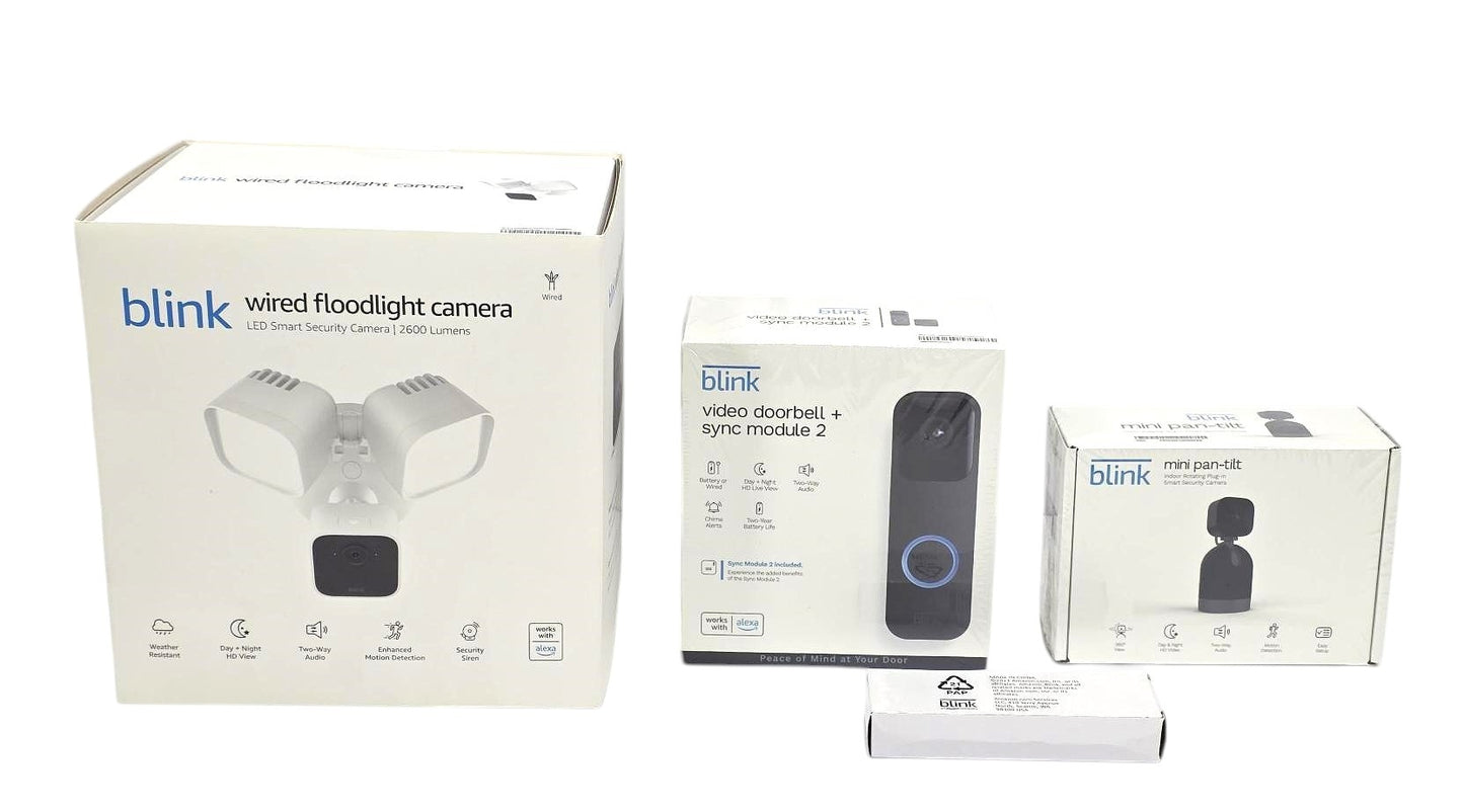 Blink Bundle: Wired Floodlight Camera + Pan-Tilt Indoor Cam + Video Doorbell 2