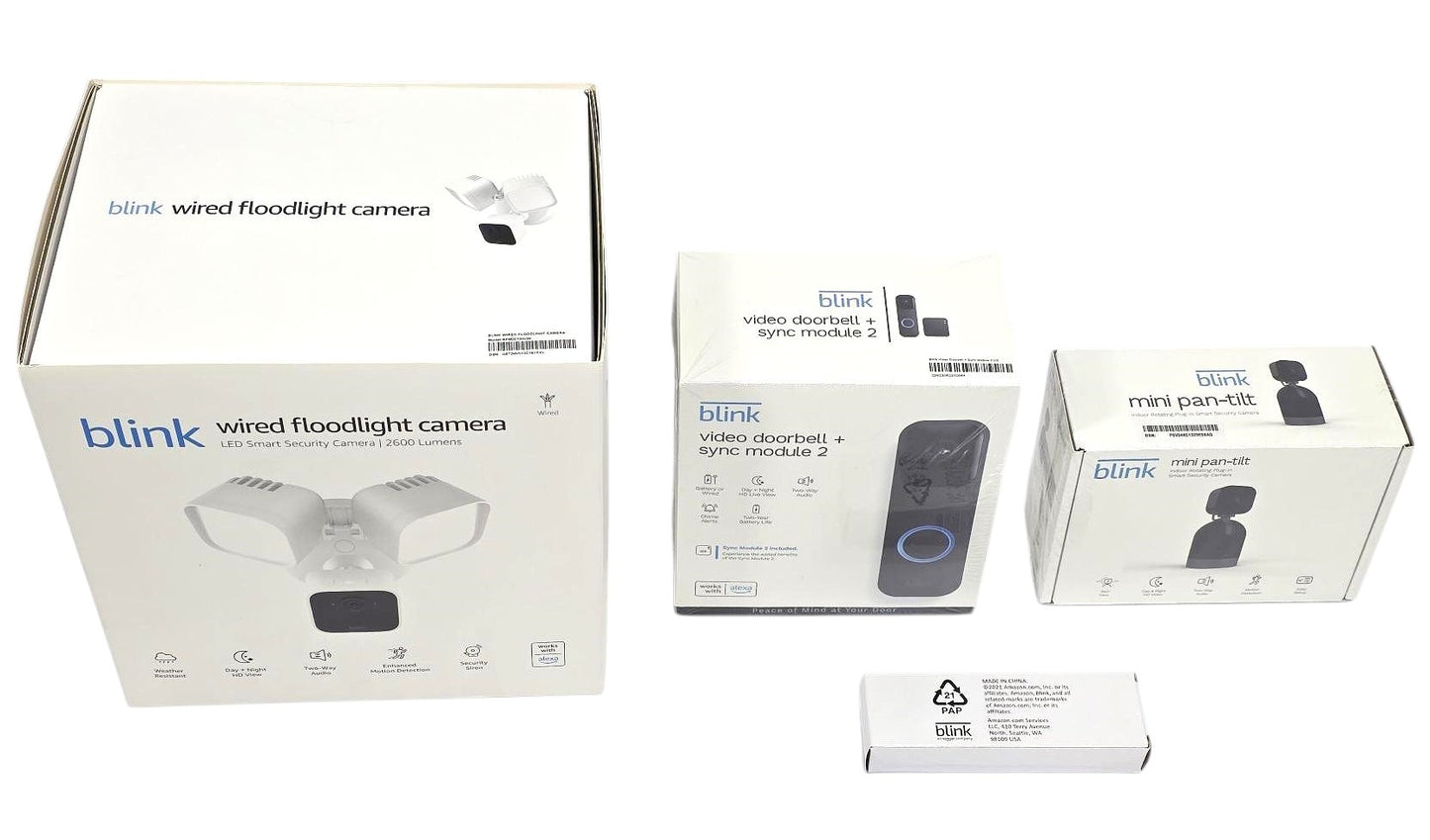 Blink Bundle: Wired Floodlight Camera + Pan-Tilt Indoor Cam + Video Doorbell 2