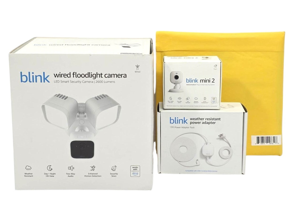 Blink Wired Floodlight Camera with Mini 2 Camera, Weather Resistant 13' Power Adapter and Yard Sign