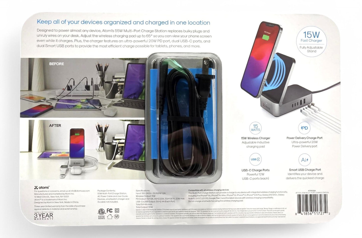 Atomi 55W Multi port charging station Qi - 20W PD port, dual USB-C ports, and dual smart USB-A ports, Supported for charging your Smartphones, Earphones, or Smart watches simultaneously -  AT1705-55W