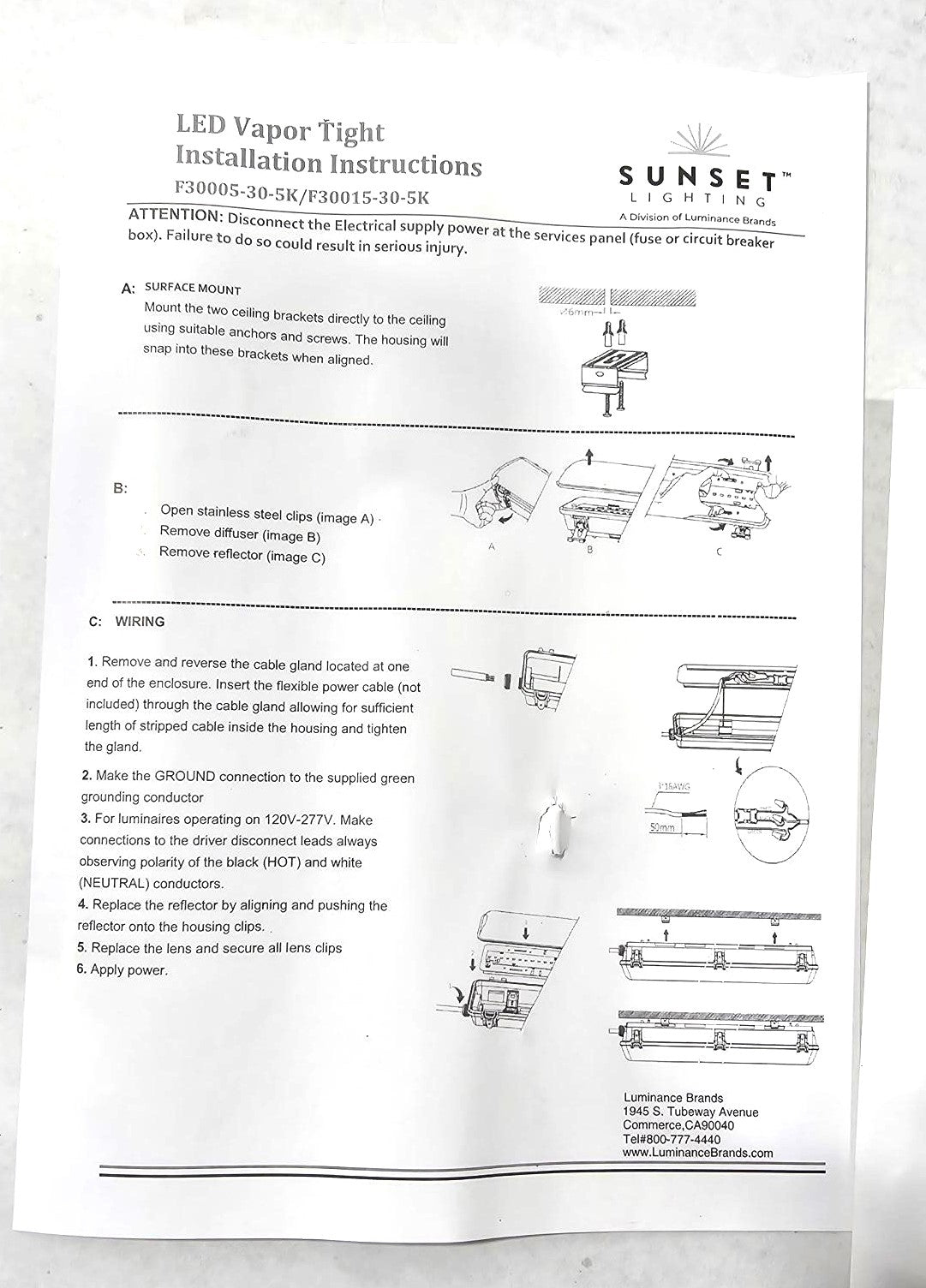 Sunset LED Surface Mounted Vapor Tight 4Ft. size 60W 5000K F30015-30-5K