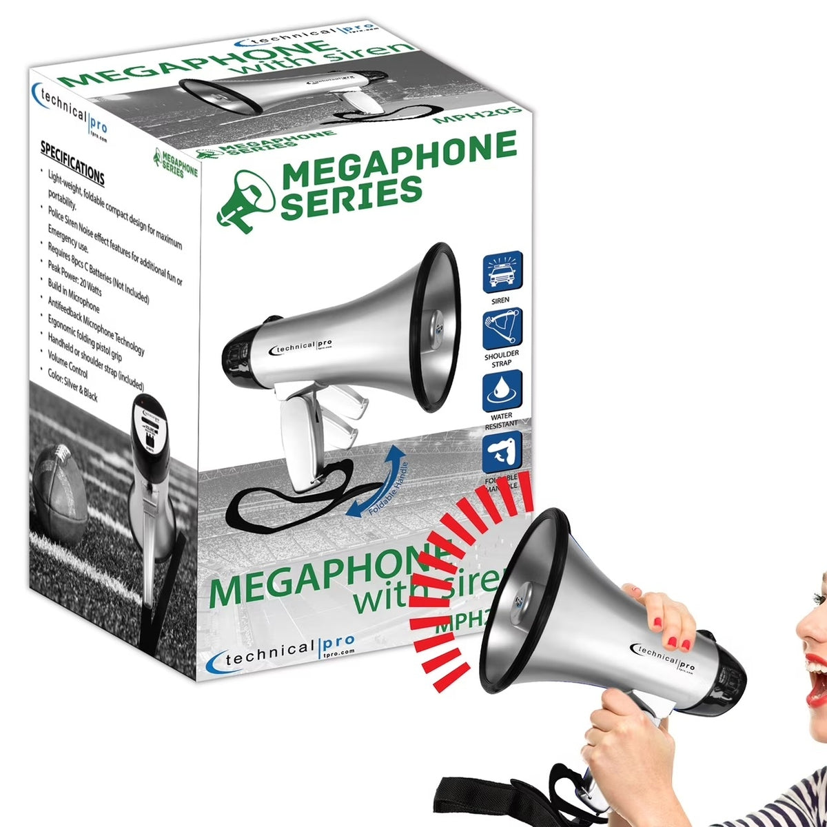 Technical Pro Portable 20W Megaphone Silver Black 300m Range with Siren and Strap