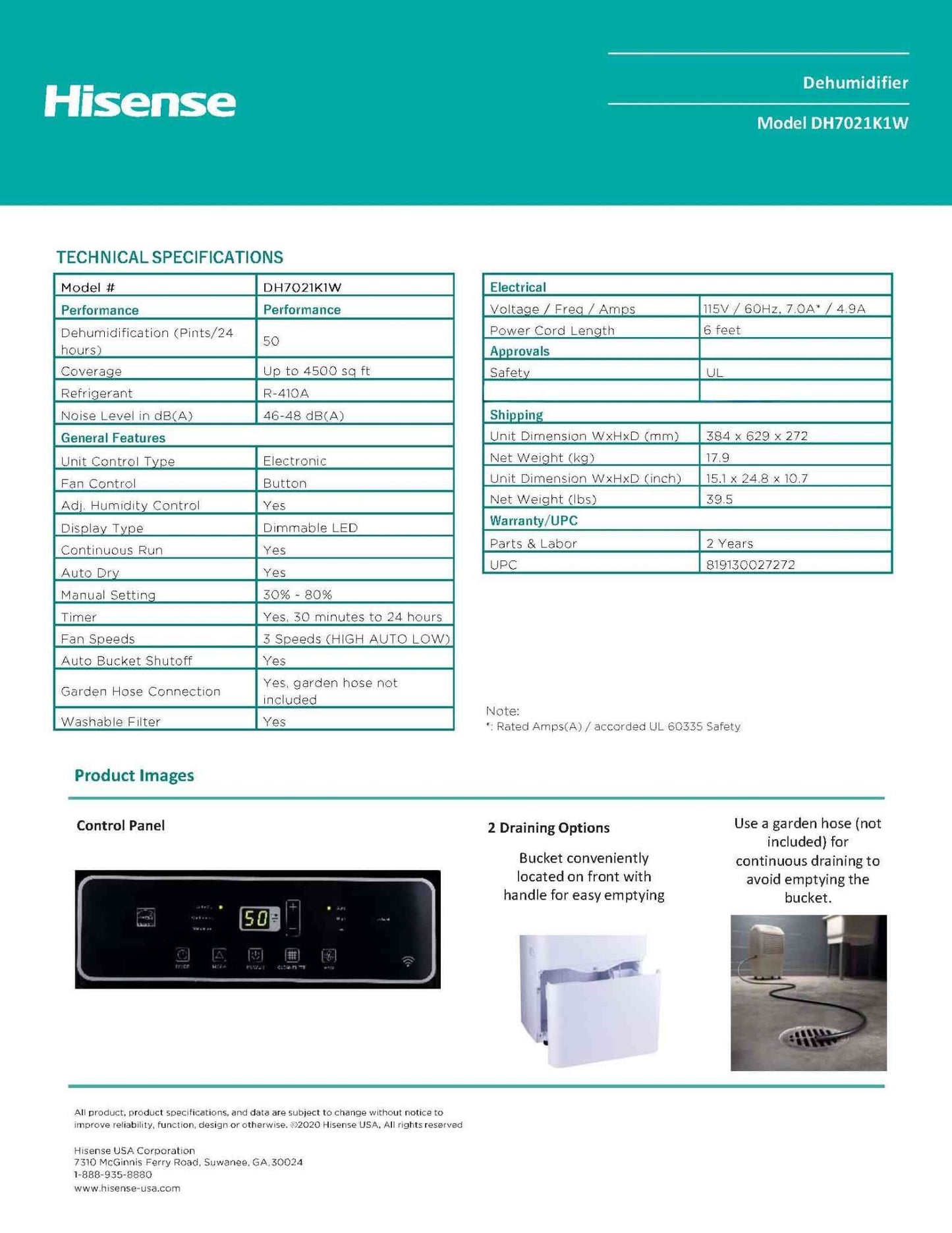 Hisense 50 Pint 3-Speeds Dehumidifier up to 4500 sq ft - DH7021K1W, 3 Modes/3 Fan Speed, 3 Modes (Auto, Continuous, Manual) - 48 dB(A) sound