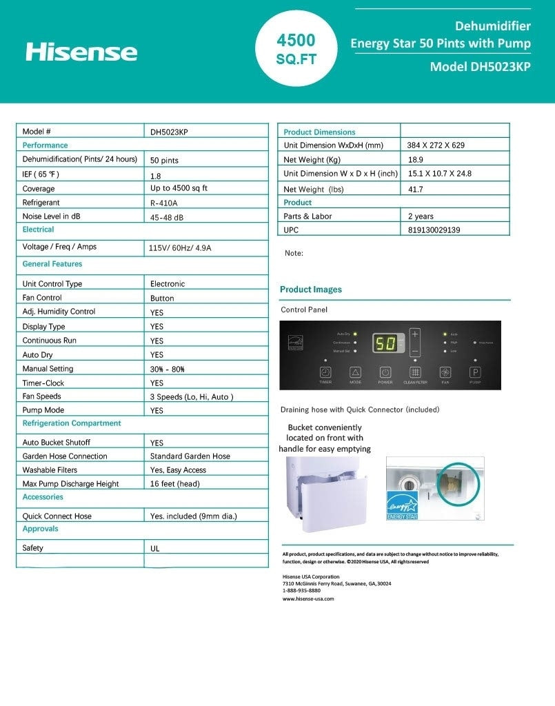 Hisense 50 Pint Dehumidifier 300 sq. ft Slide-out Bucket with Easy-carry Handle, 3 Speeds (Lo, Hi, Auto), Up to 4500 sq ft., Auto shut-off, Quiet 48 dB, 115v, - DH5023KP