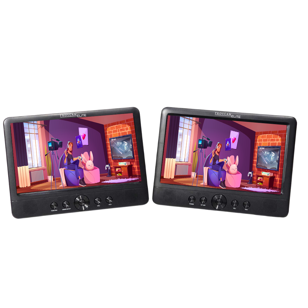 Proscan Elite 10.1" Dual Screen Portable CD DVD Media Player Black, SD Card slot, USB, 3.5mm Jack, For Car use Family Vacation or Travelling - PEDVD1082