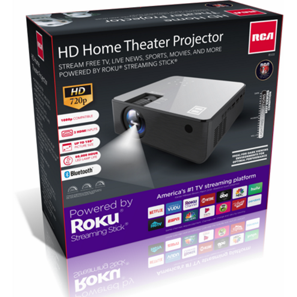 RCA RPJ133 1080P, 30"-150" Picture Size, Built in Bluetooth, HDMI,USB, Remote,Voice Control, Indoor, Outdoor, Smart Home Theater Projector, Includes Roku Streaming Stick
