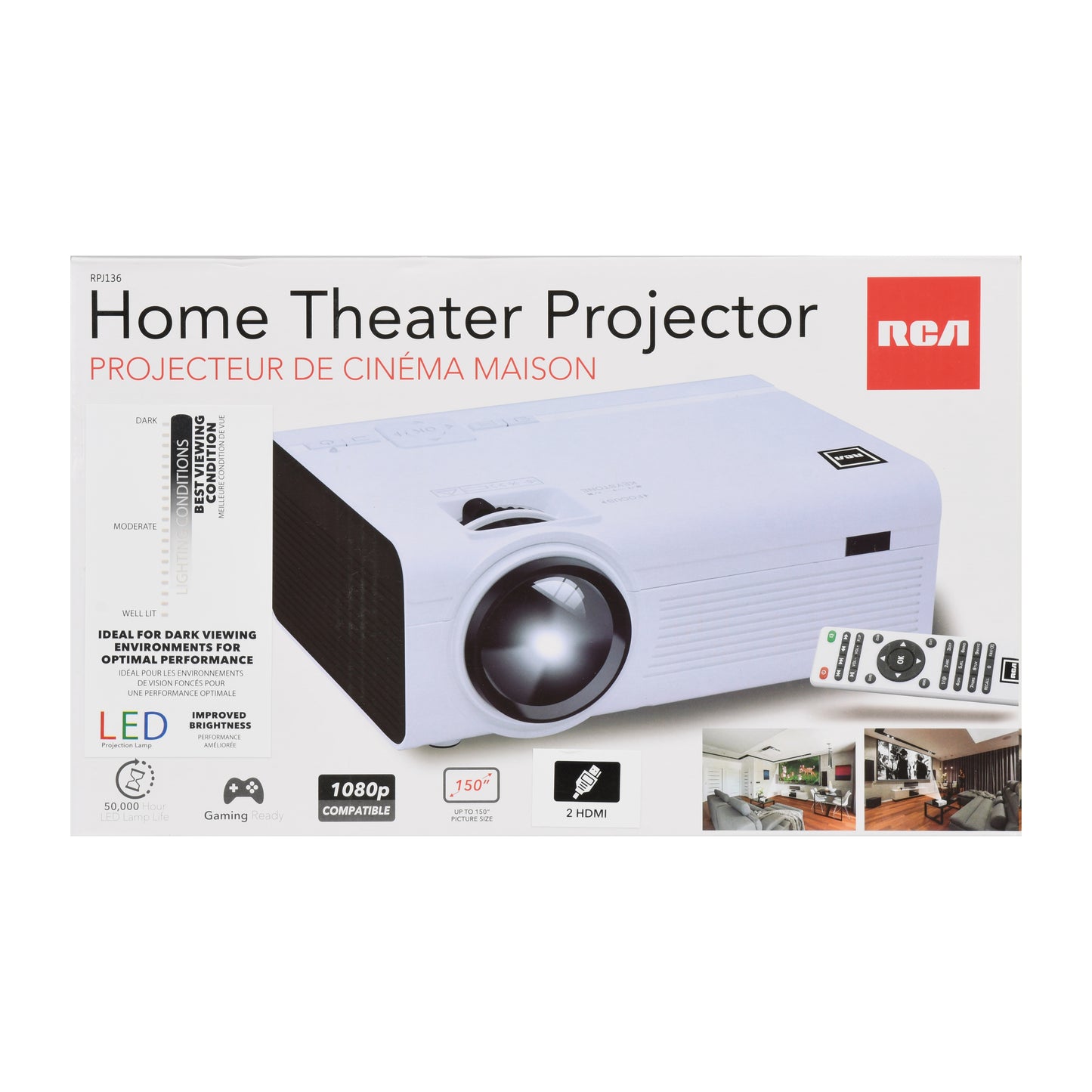 RCA RPJ136 1080P, 30"-130" Picture Size, HDMI,USB,Memory Card,Remote, Quiet Fan Design, Enjoy Your Favorite Flicks, Sporting Events, and More, Outdoor, Indoor Home Theater Projector
