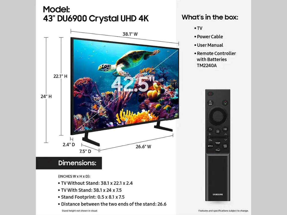 Samsung 43” Class DU6900 Crystal UHD 4K Smart Tizen TV (2024) - UN43DU6900F