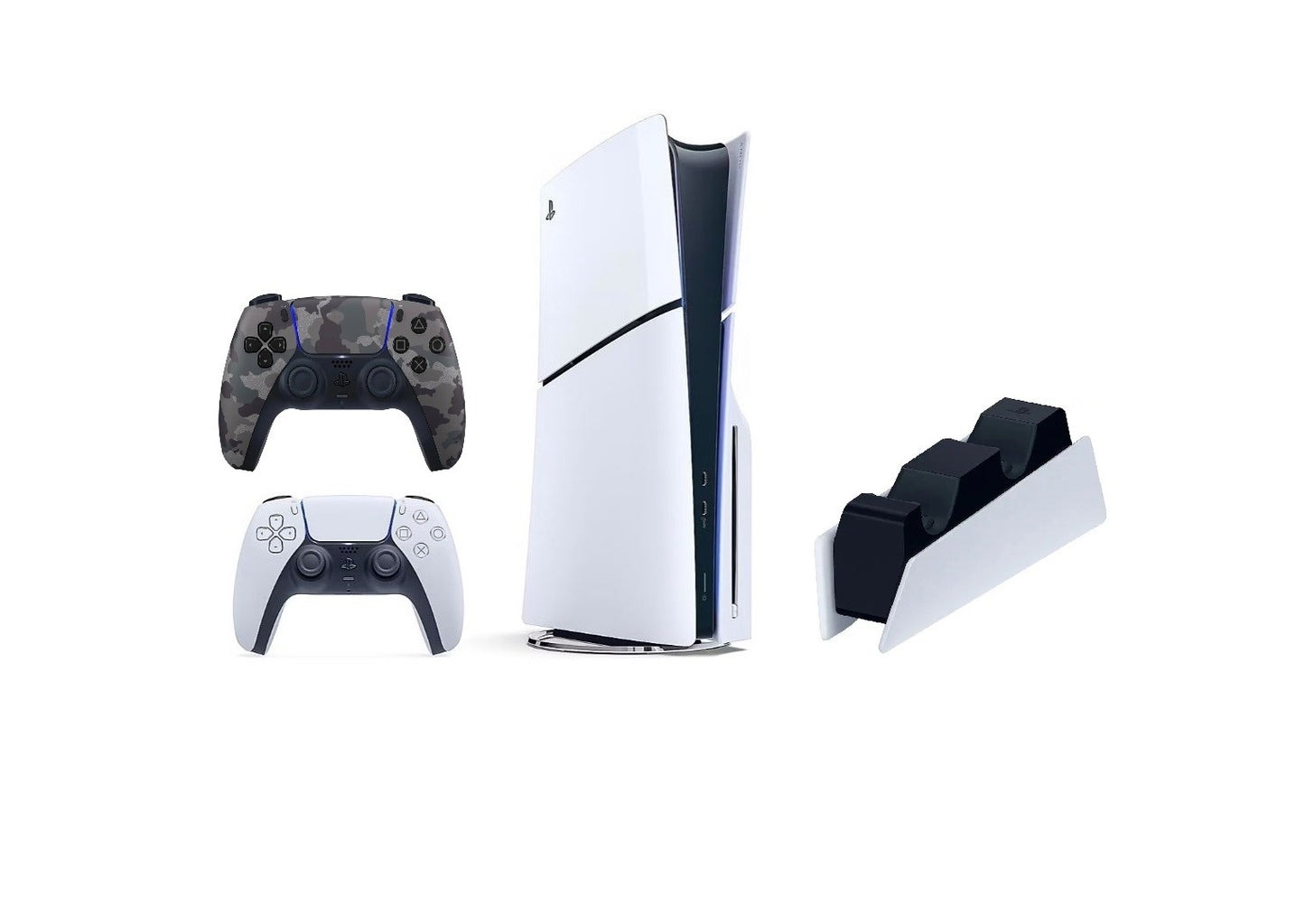 Sony Playstation 5 Slim Disc Console Bundle with White & Gray Camo Controllers and DualSense Charging Station SNY-BD-PS5SLIM