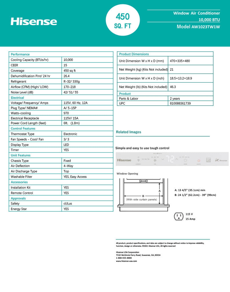 Hisense 450-sq ft Window Air Conditioner Inverter 115v 10000 BTU Wi-Fi