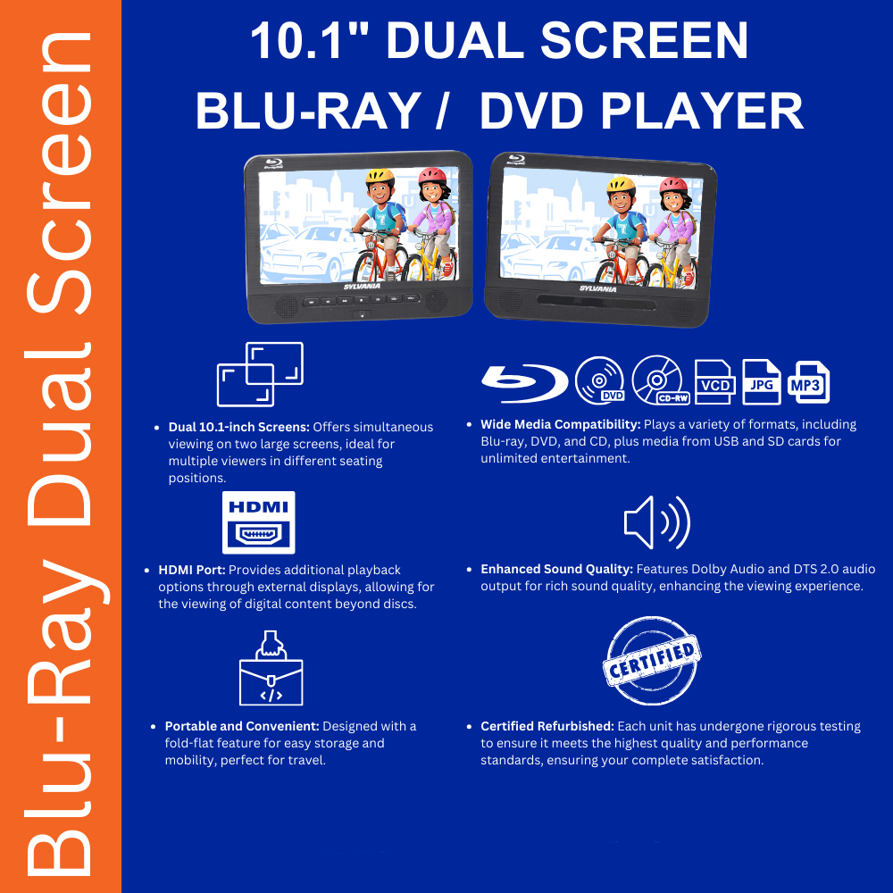 Sylvania 10.1" Dual Screen Portable Blu-ray DVD CD player SDVD1087 Certified Refurb