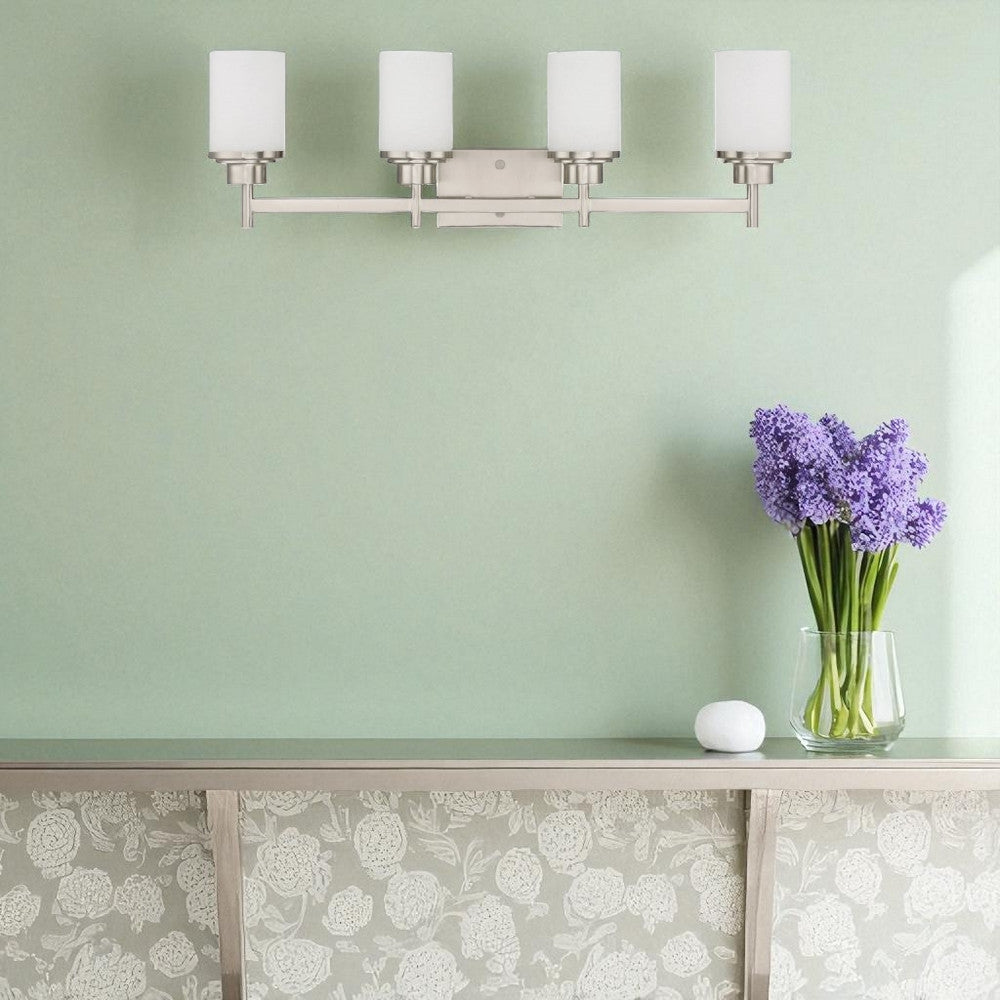 Sunset Lighting Somes 4-Light Vanity - Linen Glass, Dimmable w/ Bright Satin Nickel Finish - TF17034-80