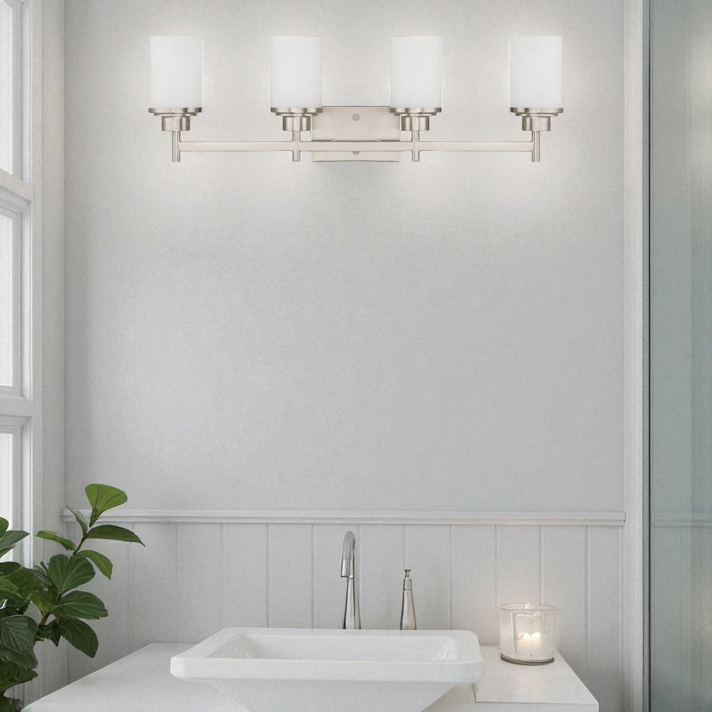 Sunset Lighting Somes 4-Light Vanity - Linen Glass, Dimmable w/ Bright Satin Nickel Finish - TF17034-80