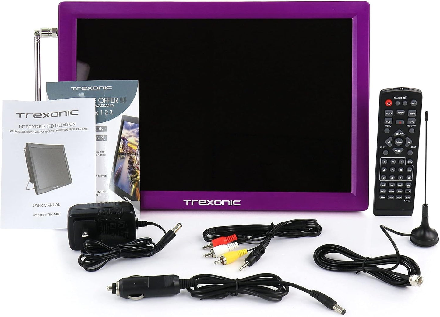 Trexonic TRX-14D 14" 1366 x 768 Portable Rechargeable LED TV HDMI & SD-MMC Purple