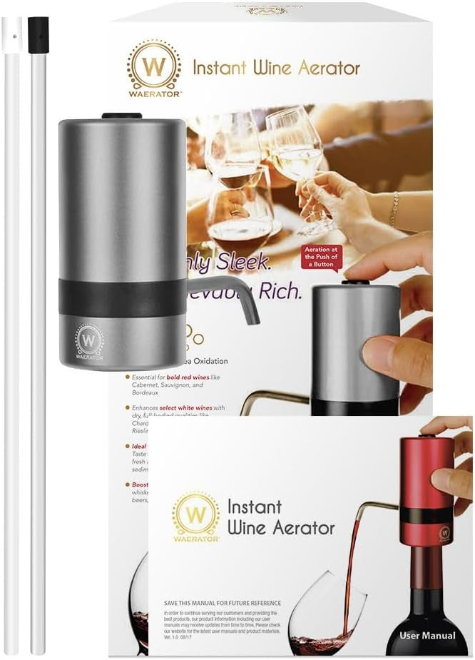 Waerator W2 Instant 1-Button Electric Wine Aerator Pourer Spout Automatic Wine Dispenser Grey WA-A02-GY