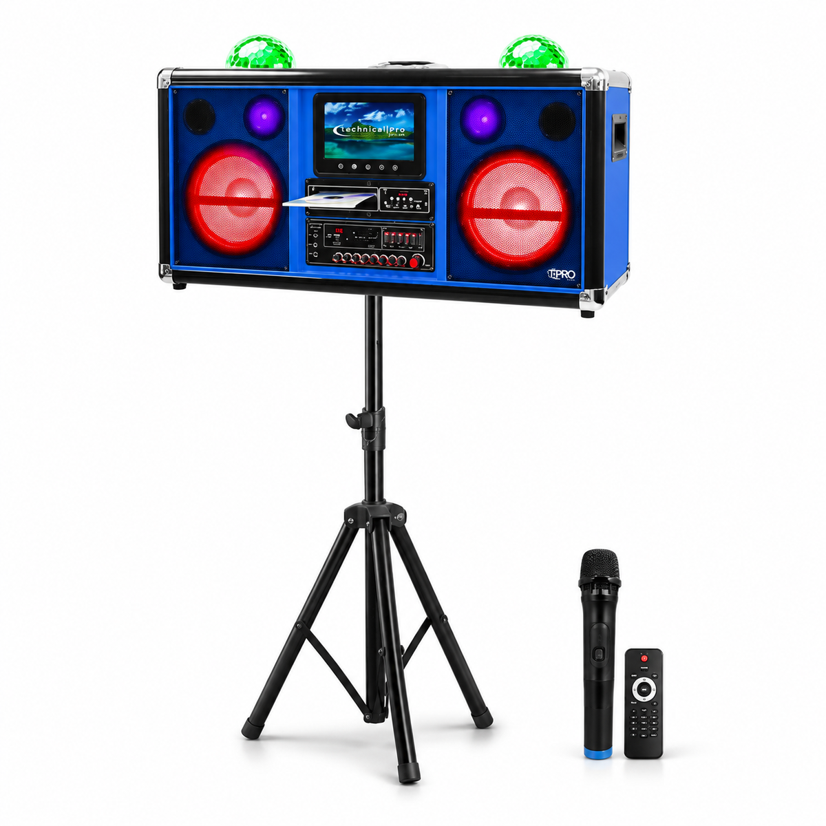 Technical Pro Rechargeable 2 x 10" Bluetooth Speaker with DVD Player, Wireless Mic & Tripod XKARAOKEO