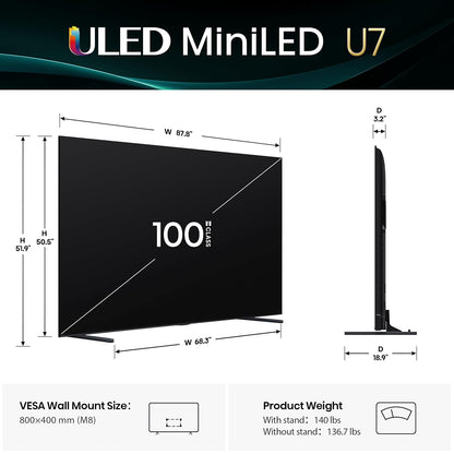 Hisense 100" Class U7 Series MiniLED QLED UHD 4K HDR Smart Google TV (2025) 100U75QG