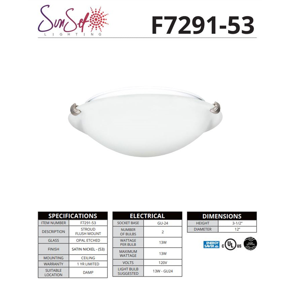 Luminance Traditional 12" 2-Light Flush Mount with Satin Nickel Finish F7291-53