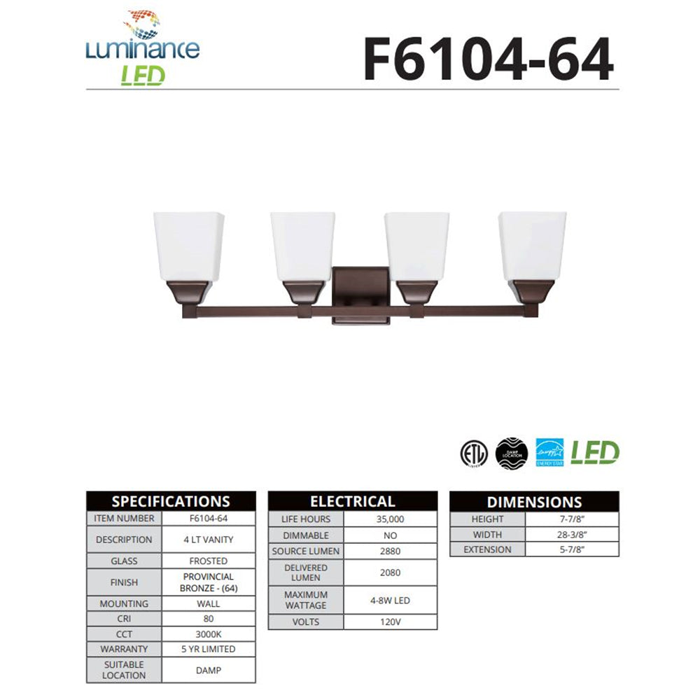 Sunset Lighting LED 4Lt Vanity 8W X 4 3000K 2080Lm CRI80 Non-Dim Provincial Bronze F6104-64