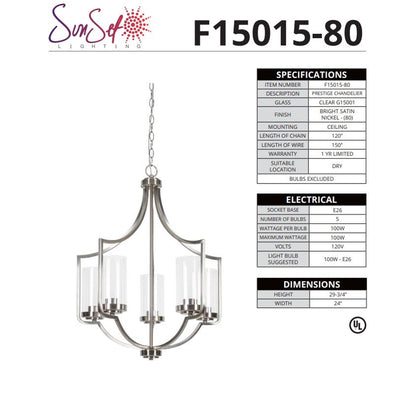Sunset Lighting 5-Light Chandelier, 100W Bright Satin Nickel - F15015-80