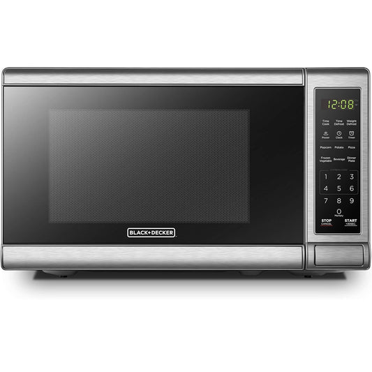 BLACK+DECKER EM720CB7 Digital Microwave Oven with Turntable Push-Button Door, Child Safety Lock, 700W, Stainless Steel, 0.7 Cu.ft