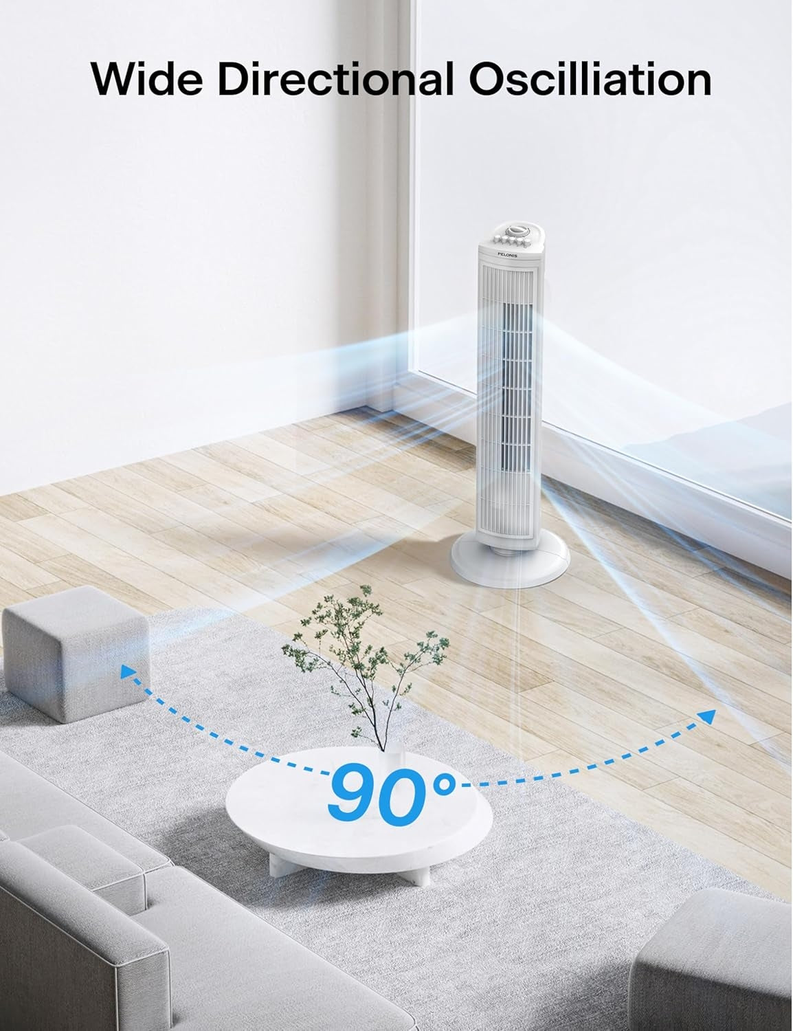 PELONIS 30 Inch Oscillating Tower Fan with 3 Speed Settings and Auto-off Timer, Standing Fan PFT28A2BWW, White