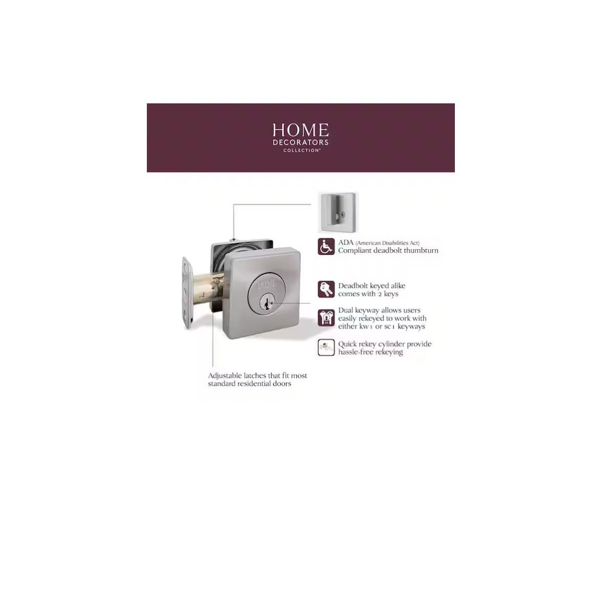 Square Satin Nickel Single Cylinder Deadbolt Featuring Dual Keyway DD2X21PXJ