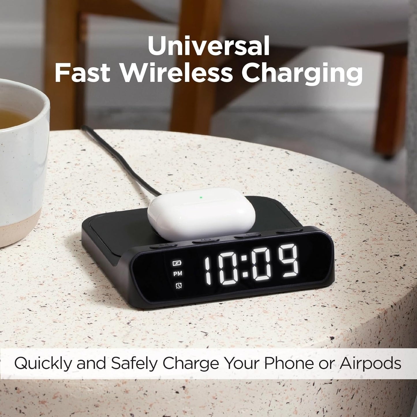 iHome IW14B Alarm Clock with Wireless Charger for iPhone, Android, and More - Black